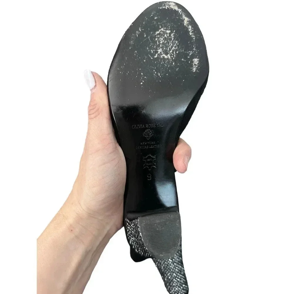 Olivia Rose Tal Women's Black Genuine Leather Crystal High Heel Size 9